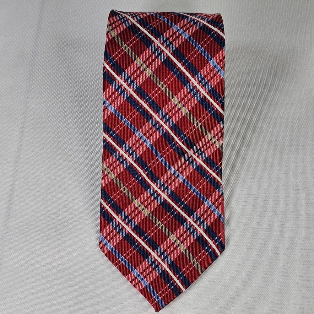 Bruno Piattelli Roma Silk Tie Red Blue White Plaid Hand Made Necktie 3.25 Inch‎